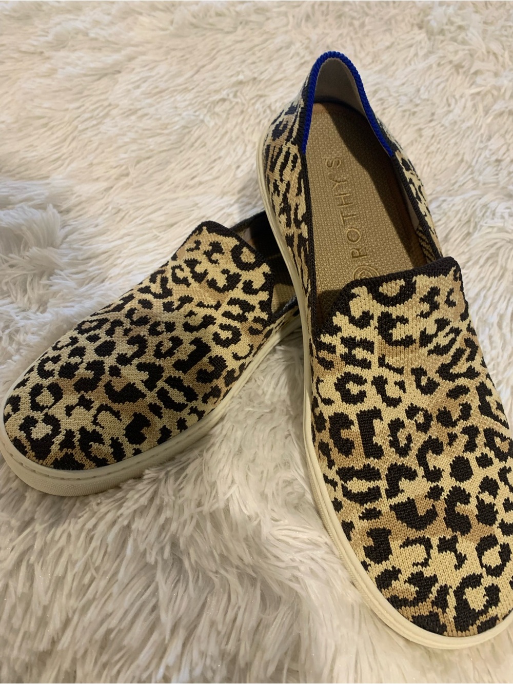 Rothy’s Leopard Print Slip-On Flats in Beige and Black